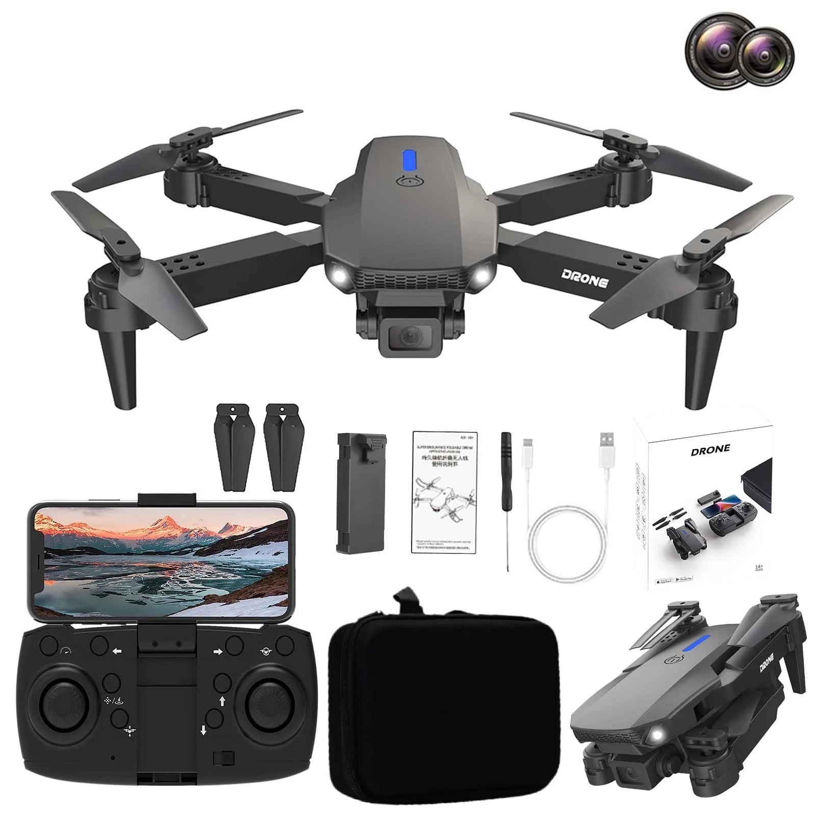 Black Folding Drone with 4K Dual Camera Wifi Fpv Quadcopter Altitude Hold Headless Mode 12 Min Flight Time 100M Range Remote Control Includes Color Box Storage Bag