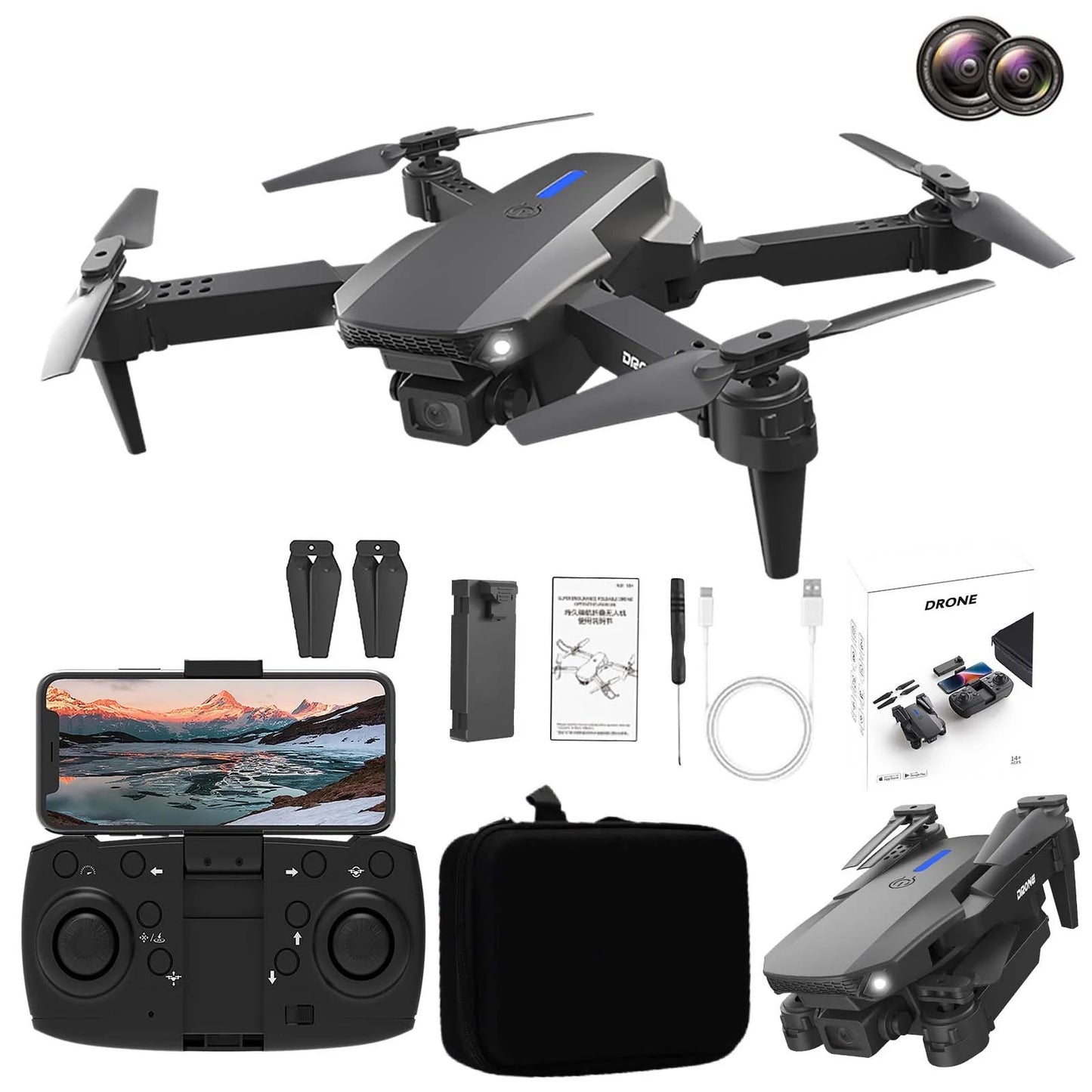 Black Folding Drone with 4K Dual Camera Wifi Fpv Quadcopter Altitude Hold Headless Mode 12 Min Flight Time 100M Range Remote Control Includes Color Box Storage Bag